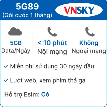 Sim 5G VNSKY 5G89 5GB/Ngày - Free 1 tháng