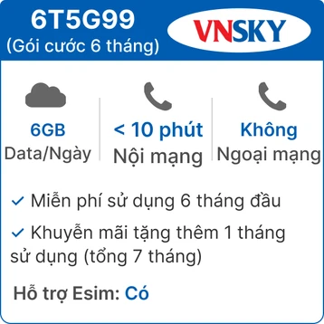Sim 5G VNSKY 6T5G99 6GB/Ngày - Free 6 tháng