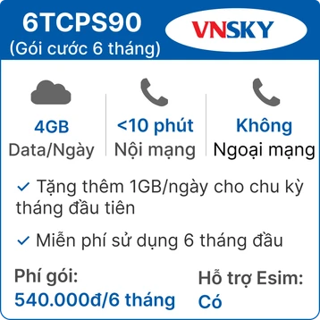 Sim 5G VNSKY 6TCPS90 4GB/ngày có nghe gọi - Free 6 tháng