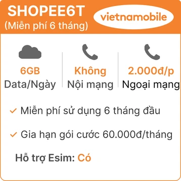 Sim Data 4G Vietnamobile 6GB/ngày miễn phí 6 tháng (Thành phẩm)