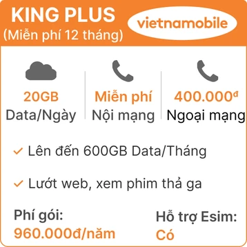 Sim Data 4G Vietnamobile King Plus 20GB/Ngày - Miễn phí 12 tháng