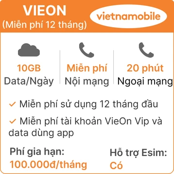 Sim Data 4G Vietnamobile VieOn 10GB/ngày 12 tháng (thành phẩm)