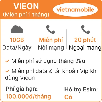 Sim Data 4G Vietnamobile VieOn 10GB/ngày (thành phẩm)