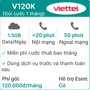 Sim trả sau Viettel 4G 120K 1.5GB/Ngày có nghe gọi