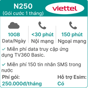 Sim trả sau Viettel 5G N250 10GB/Ngày (có nghe gọi, SMS, TV360 Basic)