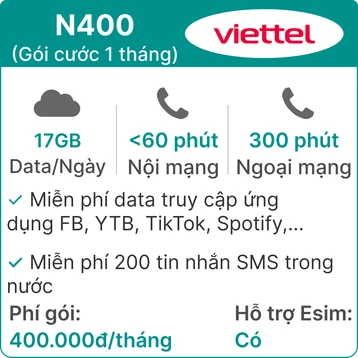 Sim trả sau Viettel 5G N400 17GB/Ngày (có nghe gọi, SMS, TV360 Basic)