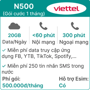 Sim trả sau Viettel 5G N500 20GB/Ngày (có nghe gọi, SMS, TV360 Basic)