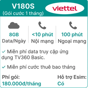 Sim trả sau Viettel 5G V180S 8GB/Ngày (có nghe gọi, TV360 Basic)