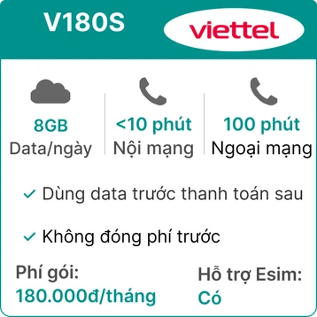 Sim trả sau Viettel 5G V180S 8GB/Ngày (có nghe gọi, TV360 Basic) - Không đóng phí trước