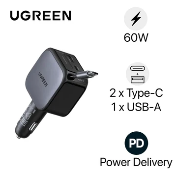 Tẩu sạc ô tô Ugreen 60W 2C1A EC602 kèm cáp type-C