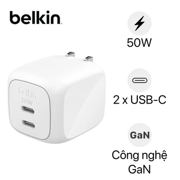 Sạc nhanh Belkin 50W 2 cổng USB-C PD/PPS Cubic Wall Charger