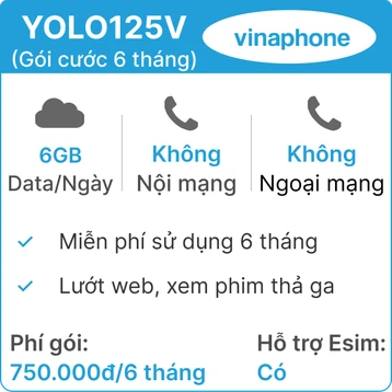 Sim Vinaphone YOLO125V 7GB/Ngày - Gói cước 6 tháng