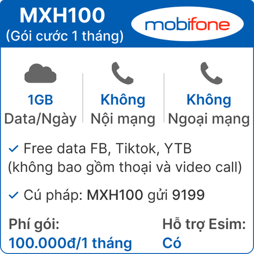 Sim 4G Mobifone Mxh100 1Gb/Ngày Free Tiktok - Ytb - Fb - 1 Tháng (Thành Phẩm)