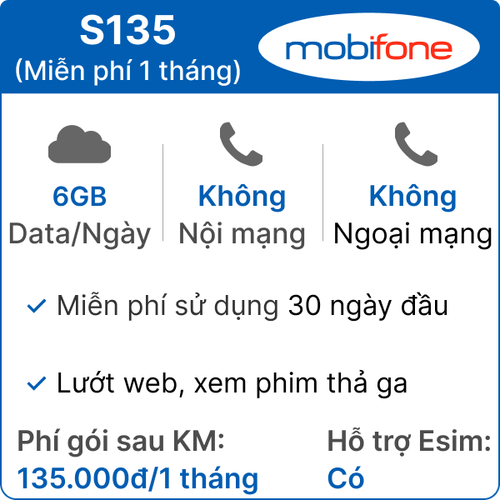 Sim 4G Mobifone S135 6Gb/Ngày - 1 Tháng (Thành Phẩm)