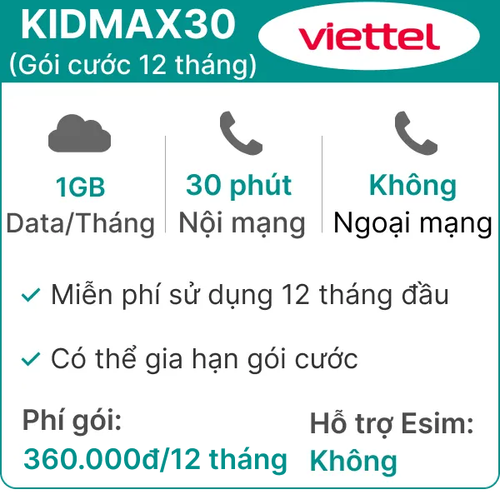 Sim 4G Viettel 12Kidmax30 Free 12 Tháng