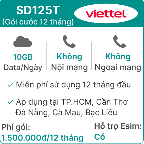 Sim 4G Viettel 12Sd125T 10Gb/Ngày (3Gb Toàn Quốc + 7Gb 1 Số Tỉnh) - Free 12 Tháng