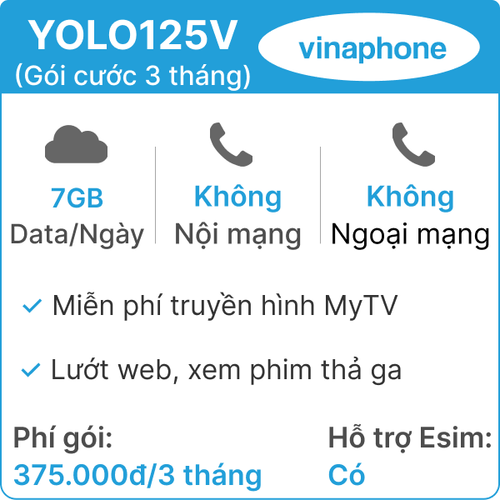 Sim 4G Vinaphone Yolo125V 7Gb/Ngày (Free Truyền Hình Mytv) - 3 Tháng (Thành Phẩm)