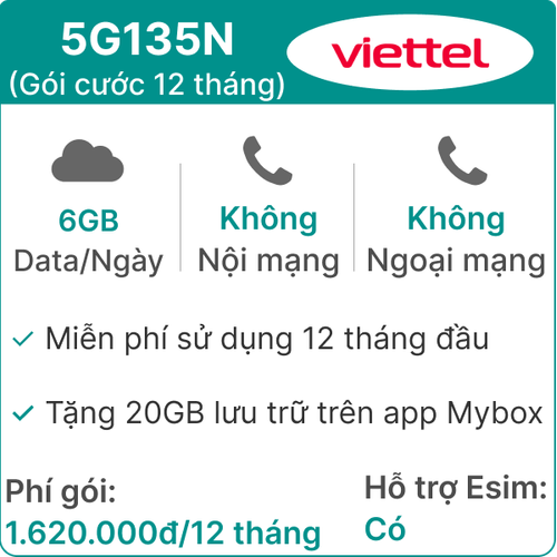 Sim 5G Viettel 12T5G135N 6Gb/Ngày (Free Tv360 4K - 20Gb Mybox) - 12 Tháng
