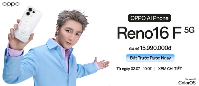 Banner đặt trước điện thoại OPPO Reno16 F 5G chính hãng với giá 15.990.000 đồng cùng ca sĩ Sơn Tùng M-TP