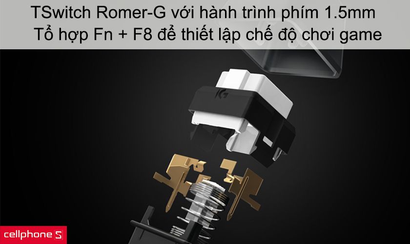 Switch Romer-G với hành trình phím 1.5mm, tổ hợp Fn + F8 để thiết lập chế độ chơi game
