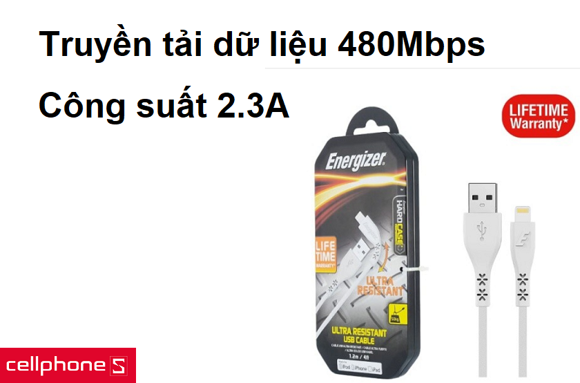 Cáp Energizer Ultra Resistant Lightning  m C41UBLIG chính hãng, giá rẻ  nhất, bảo hành TRỌN ĐỜI