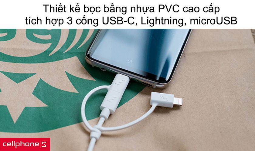 Thiết kế bọc bằng nhựa PVC cao cấp, tích hợp 3 cổng USB-C, Lightning, microUSB