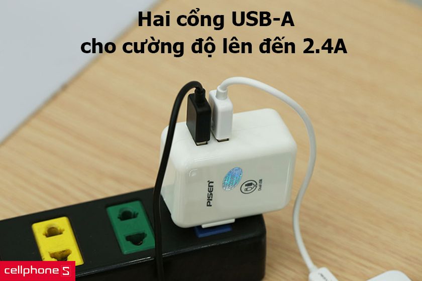 Hai cổng USB-A cho cường độ lên đến 2.4A