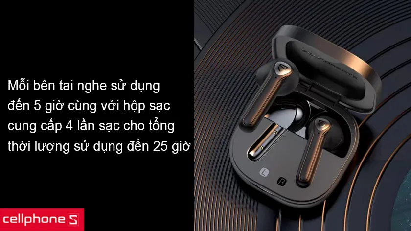 Thời lượng sử dụng 5 giờ cho mỗi lần sạc và hộp sạc bỏ túi gọn gàng cung cấp 4 lần sạc