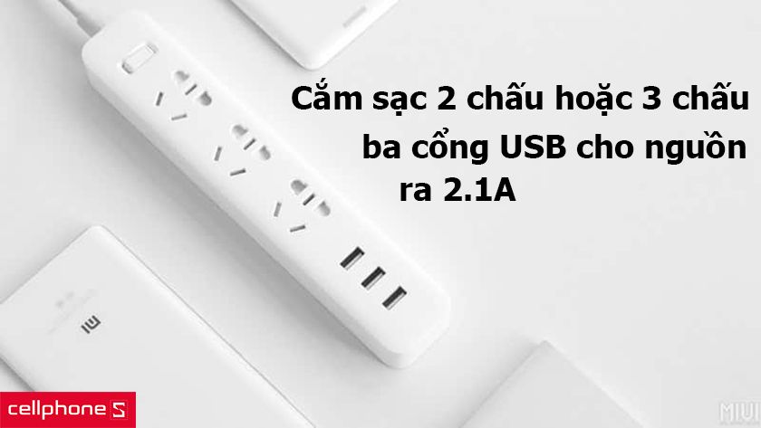Cắm sạc 2 chấu hoặc 3 chấu, ba cổng USB cho nguồn ra 2.1A