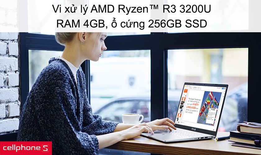 Vi xử lý AMD Ryze R3 3200U, RAM 4GB, ổ cứng 256GB SSD