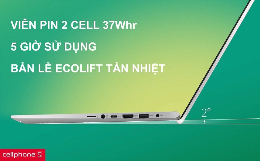 Viên pin 2 Cell 37Whr cho thời gian sử dụng lên đến 5 giờ cùng bản lề tản nhiệt EcoLift