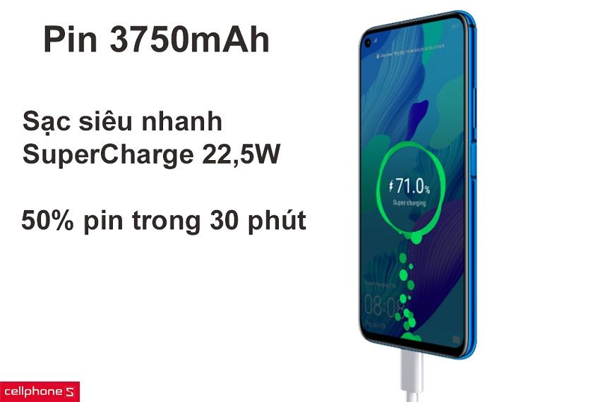 Pin 3750mAh siêu sạc nhanh SuperCharge 22,5W, sạc 50% pin chỉ trong 30 phút