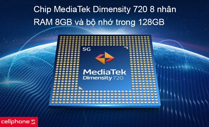 Cấu hình mạnh mẽ với chip xử lý MediaTek Dimensity 720 8 nhân và RAM 8GB, bộ nhớ 128GB
