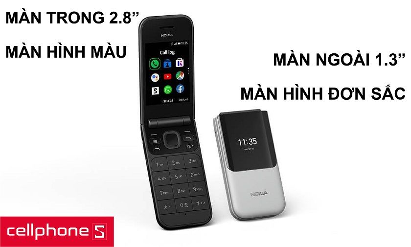 Màn hình đơn sắc ngoài 1.3 inches cùng màn hình màu trong 2.8 inches