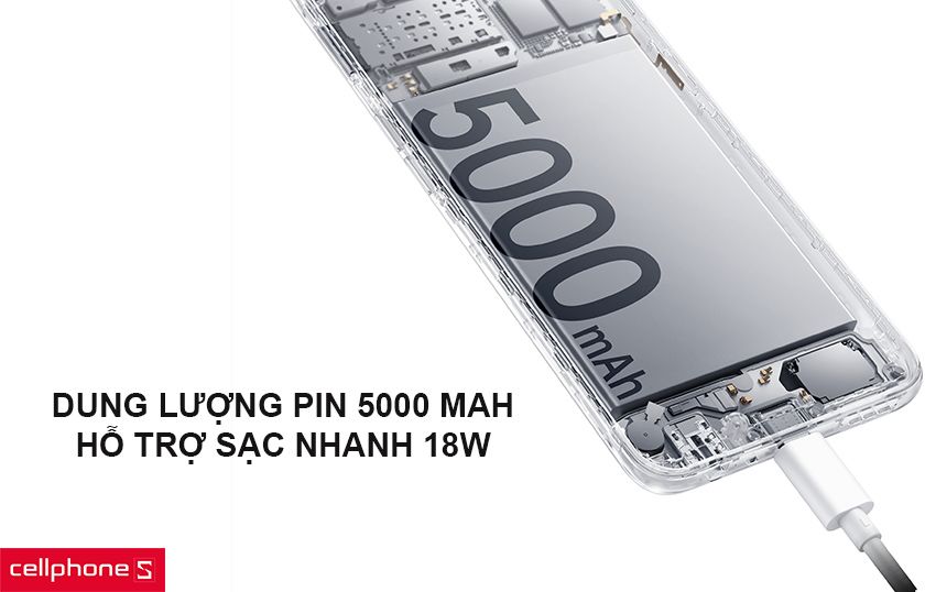 Dung lượng pin 5000 mAh, hỗ trợ sạc nhanh 18W