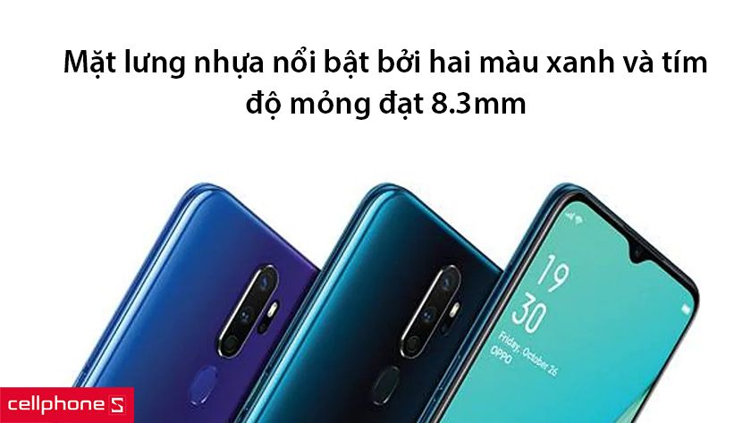 Mặt lưng nhựa nổi bật bởi hai màu xanh và tím, độ mỏng đạt 8.3mm