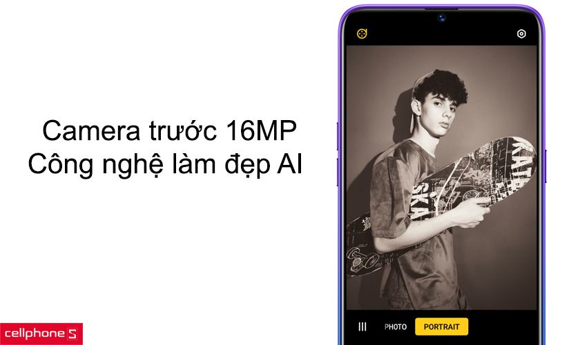 Camera trước tích hợp công nghệ làm đẹp trí tuệ nhân tạo AI với cảm biến 16MP