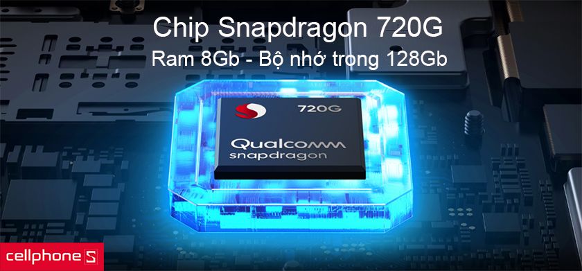 Hiệu năng mạnh mẽ với chip Snapdragon 730, Ram 6Gb bộ nhớ trong 64Gb
