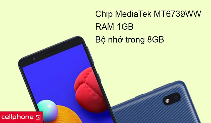 Chip MediaTek MT6739WW, RAM 1GB, bộ nhớ trong 8GB hỗ trợ thẻ nhớ microSDXC thỏa sức lưu trữ