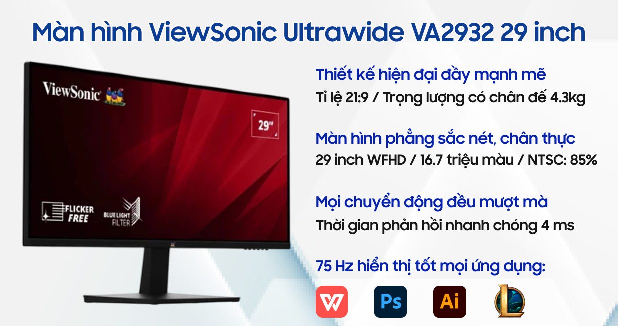 Màn hình Ultrawide ViewSonic VA2932 29 inch | Giá rẻ, trả góp 0%