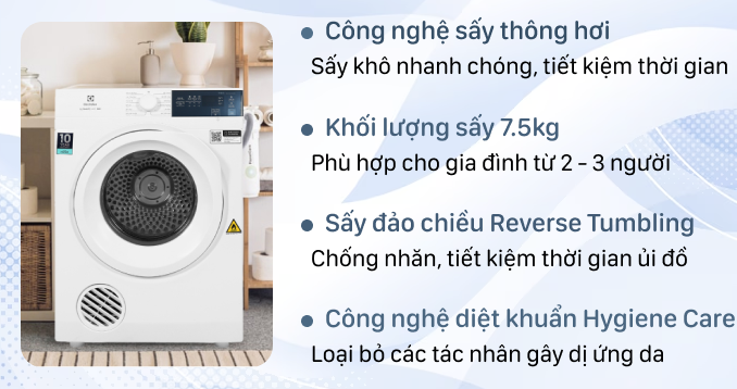 Máy sấy thông hơi Electrolux 7,5kg EDV754H3WB | Giá rẻ, trả góp 0%