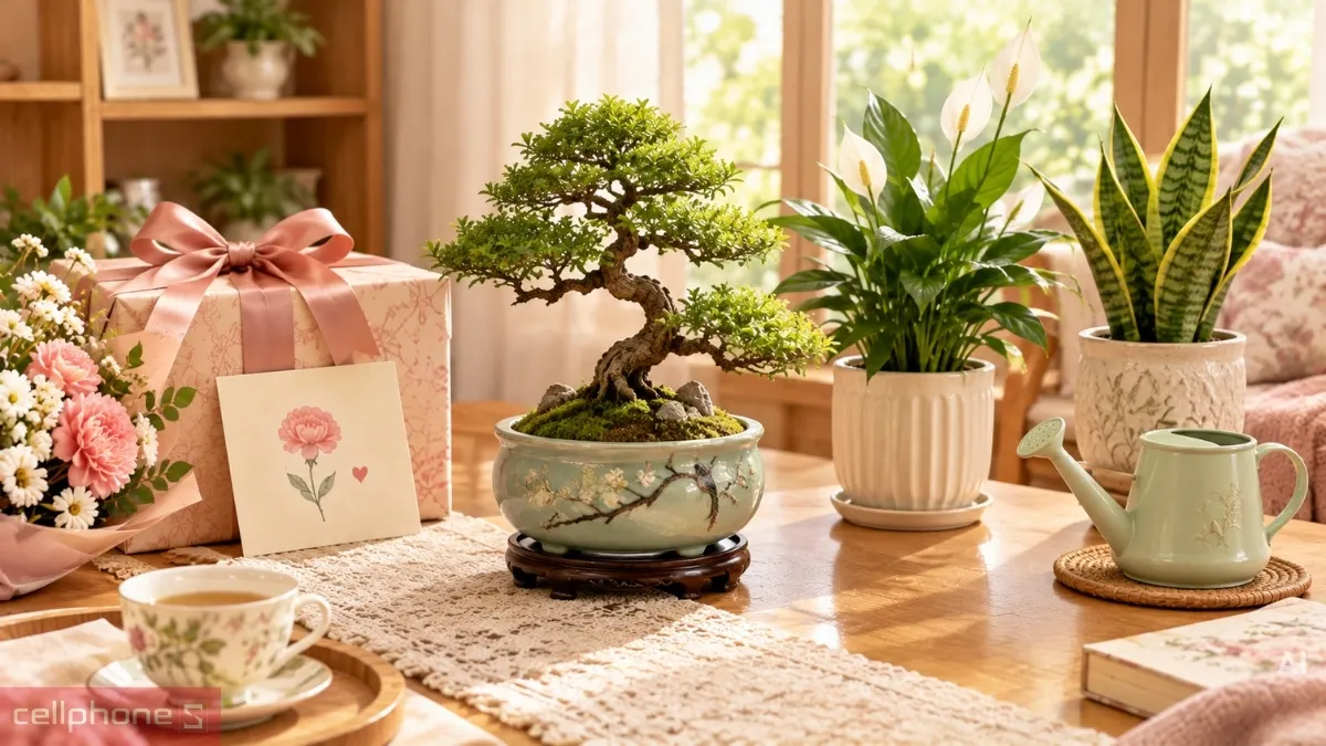 Chậu cây cảnh và bonsai xanh mát mang đến niềm vui chăm cây mỗi ngày cho bà
