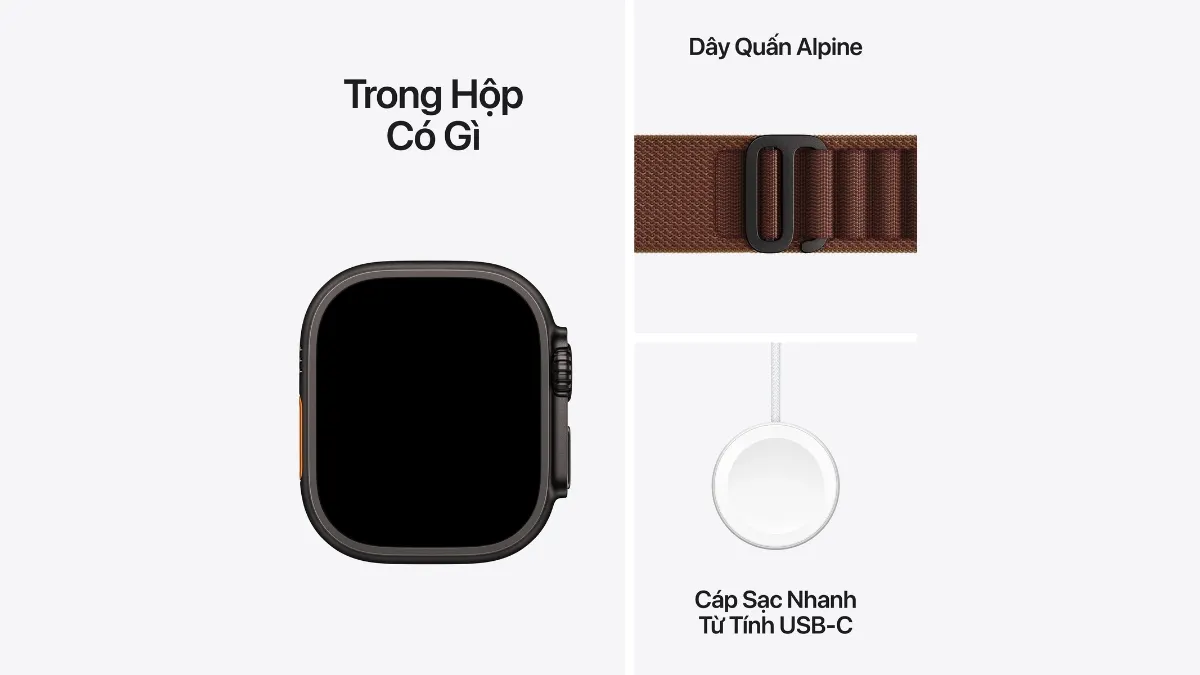 Apple Watch Ultra 4 cùng dây đeo và cáp sạc nhanh USB-C từ tính