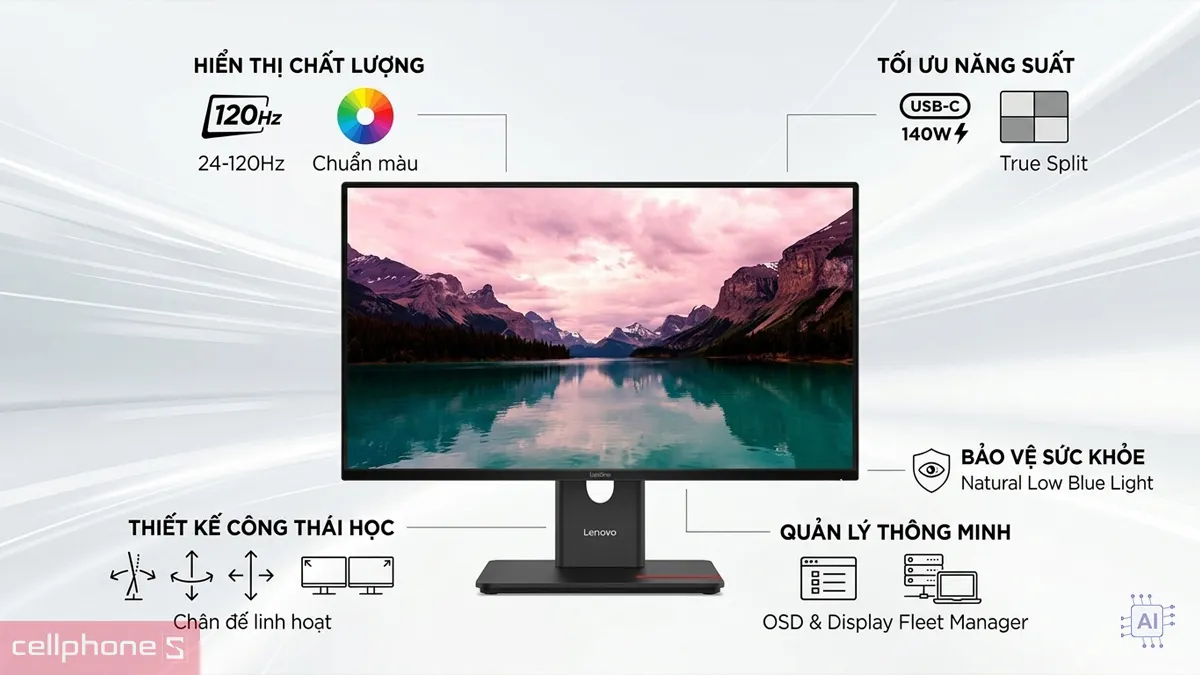 Màn hình Lenovo ThinkVision nổi bật với thiết kế công thái học và hiển thị chất lượng