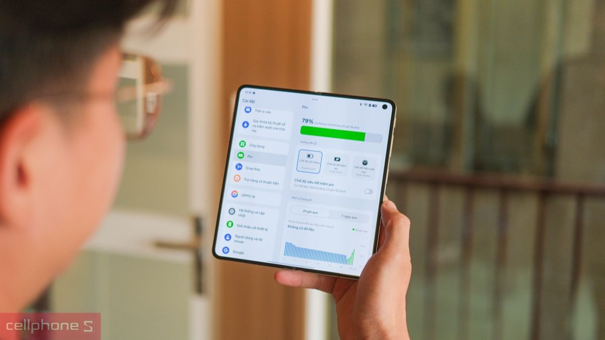 Giao diện quản lý thời lượng pin điện thoại OPPO hiển thị dung lượng thực tế và các chế độ tối ưu năng lượng Giao diện quản lý thời lượng pin điện thoại OPPO hiển thị dung lượng thực tế và các chế độ tối ưu năng lượng