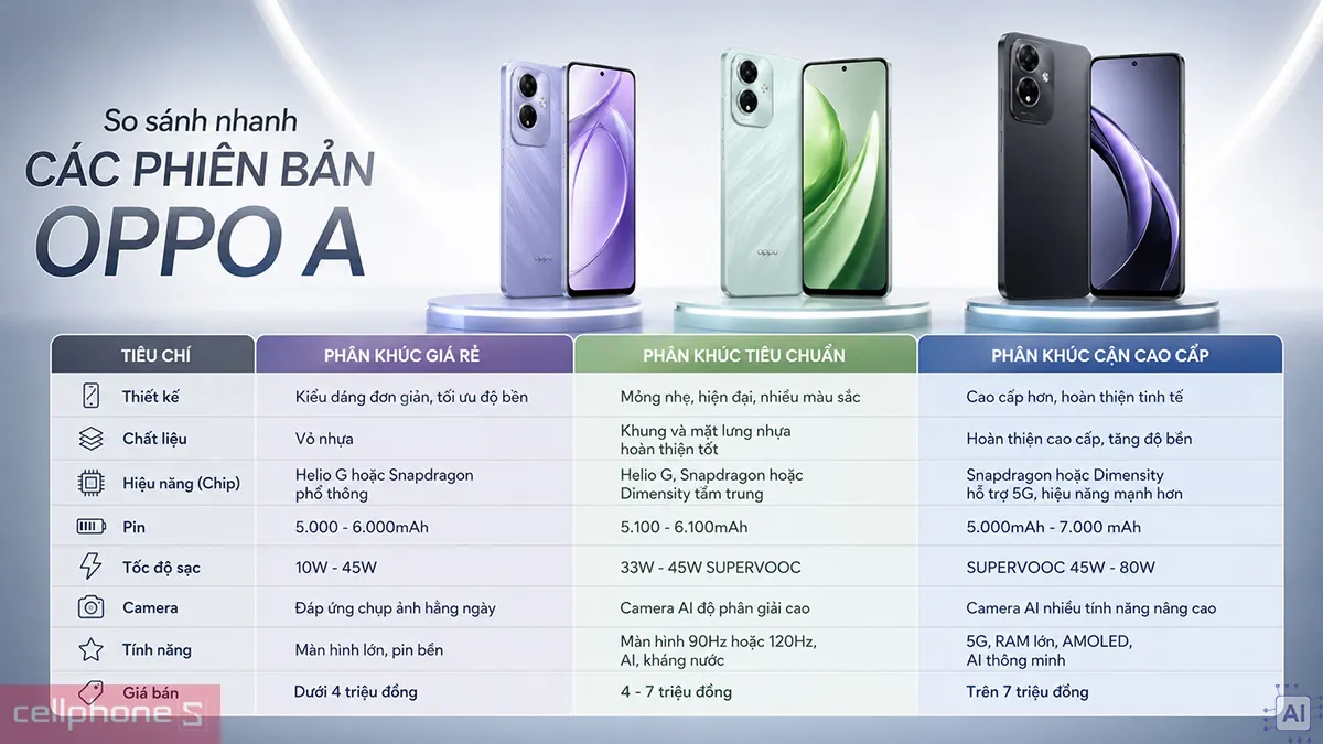 So sánh các phiên bản trong OPPO A
