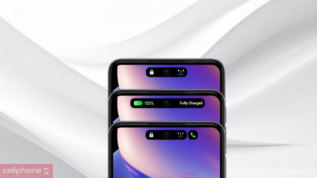 Ba trạng thái hiển thị thông báo và dung lượng pin của tính năng tương tác thông minh Dynamic Port 2.0 trên màn hình điện thoại TECNO Ba trạng thái hiển thị thông báo và dung lượng pin của tính năng tương tác thông minh Dynamic Port 2.0 trên màn hình điện thoại TECNO