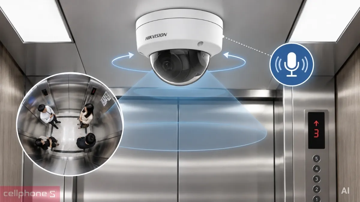 Camera Hikvision 4MP hỗ trợ quan sát trong cabin thang máy.