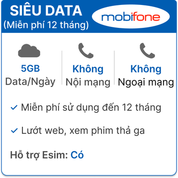 Sim 4G Mobifone siêu Data 5GB/Ngày - Miễn phí 12 tháng